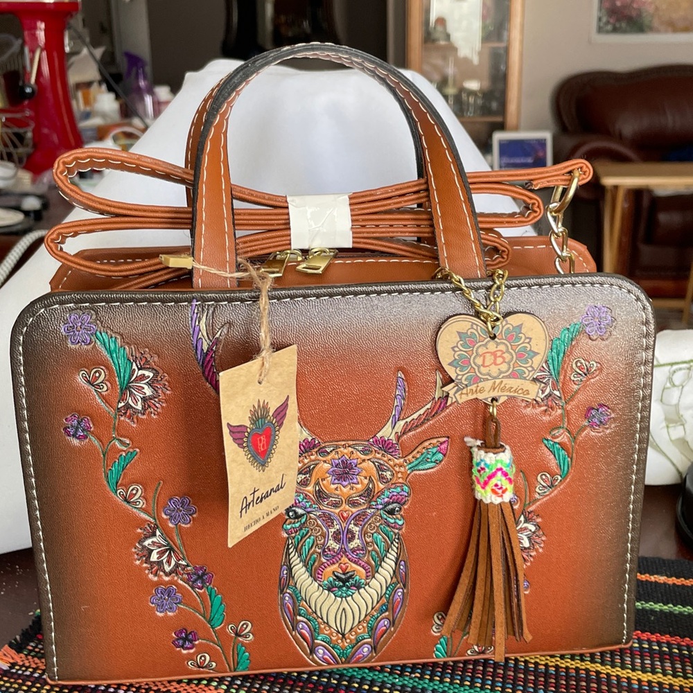 Artisan Brown Embroidered Handbag by Artesanal Mexico